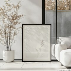 Minimalist Indoor Decor Featuring a Framed Artwork and a Decorative Plant in a Modern Living Space Bathed in Natural Light During Daytime