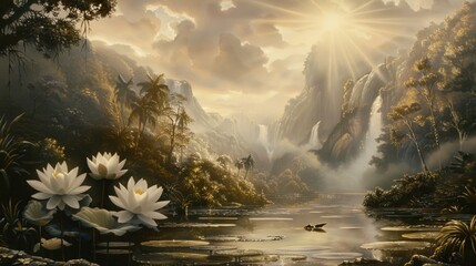 Serene sunrise over tropical waterfall and lotus flowers.