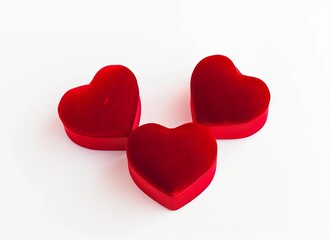 Three red heart-shaped velvet ring boxes on a white background, top view red heart on a white background