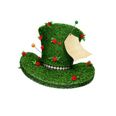 Fantasy surreal whimsical hat   with pins, blooming roses and tags 