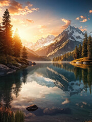 Fototapeta premium A pristine alpine lake reflects towering snow-capped mountains under a golden sunset, creating a picture-perfect nature scene. Generative AI