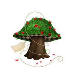 Fantasy surreal whimsical mushroom   blooming roses and tags . 