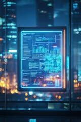 Obraz premium glowing digital brainstorming board displayed in modern office with faint blurred cityscape in background