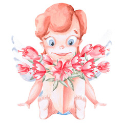 Sitting angel with gift box with flowers. Isolated watercolor illustration for Valentine's Day gift design, poster printing, clothes, fabric, children's room decoration.