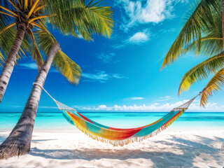 Fototapeta premium A tropical beach with colorful hammocks tied between palm trees, turquoise water gently lapping on white sand under a clear blue sky. Generative AI