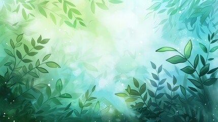 Lush green foliage, sunlight filtering through leaves, dreamy background.