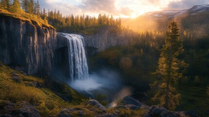 Misty Waterfall at Dawn with Soft Light Hues