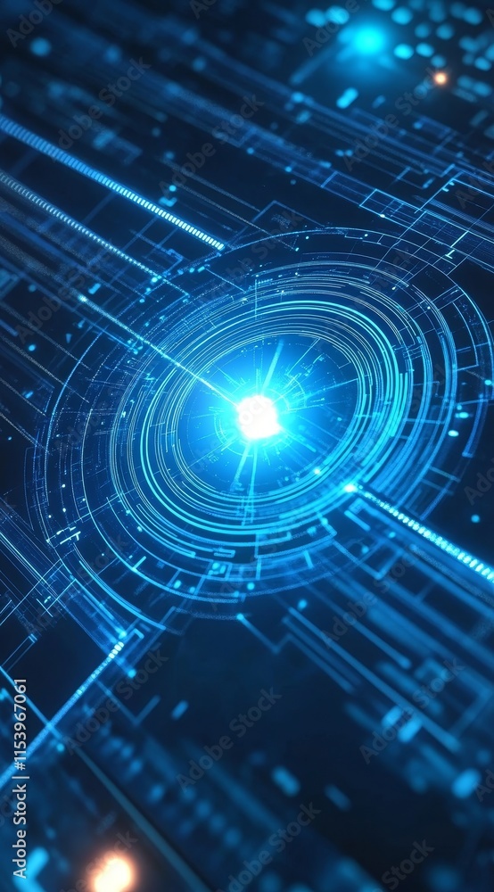 Poster bright blue light surrounded by intricate digital patterns and lines creates a futuristic and techno
