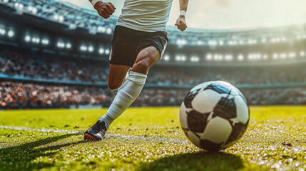 A dynamic image showcasing a soccer player in full sprint dribbling the ball on a lush green field with a blurred stadium crowd in the background capturing the intense action and energy of the game