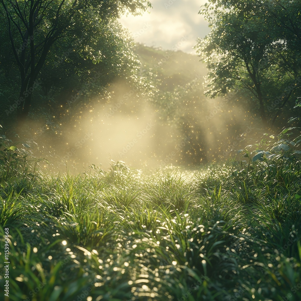 Poster sunlight filters through a misty forest creating a serene atmosphere over lush green grass in a tran