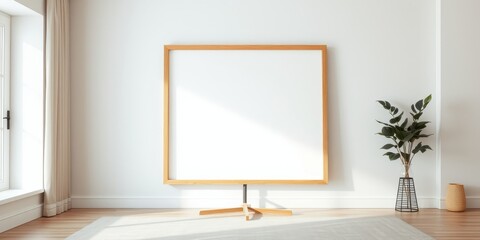 Modern minimalist interior design featuring a large blank frame on a stand and a potted plant