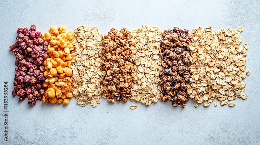 Poster vibrant mix of granola clusters and oats arranged neatly on matte white surface under diffused light