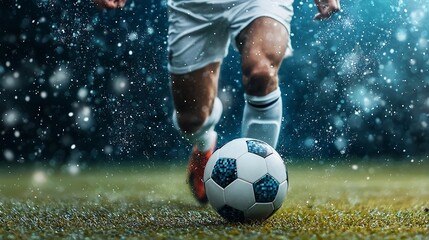 A professional soccer player displaying excellent ball control and footwork as they dribble the ball across the grassy field surrounded by motion and energy