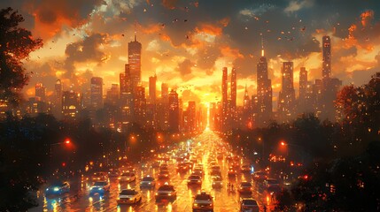 Fototapeta premium Futuristic city sunset with traffic on a rain-soaked avenue.