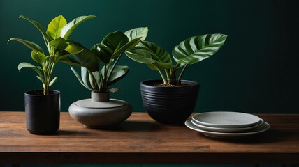 Stylish arrangement of green potted plants in modern ceramic pots placed on a wooden table, accompanied by stacked plates against a dark background.  
