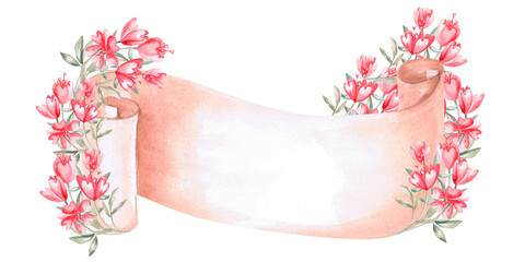 Unrolled scroll with bouquets of flowers. Isolated watercolor illustration for design of gift products for Valentine's Day, printing on posters, clothes, fabric, decoration of children's rooms.
