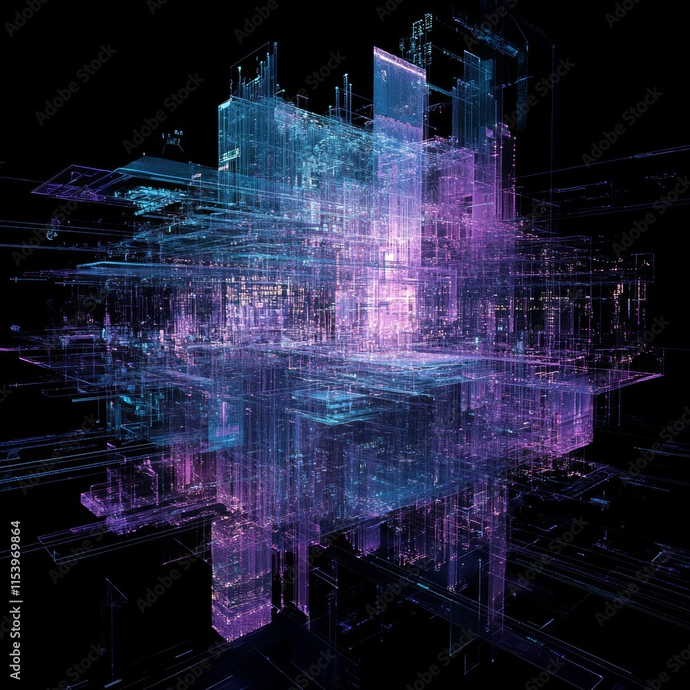 Poster abstract digital cityscape with vibrant colors and complex geometrical structures highlighted agains