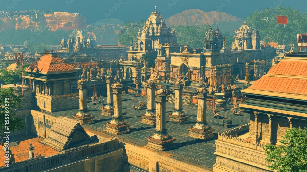 Poster a panoramic view of a grand temple complex with intricate architecture and lush surroundings.