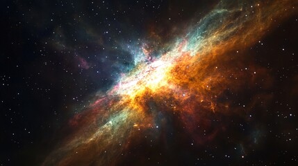 Fototapeta premium close-up shot of glowing nebula in deep space with radiant light and colorful gases swirling in beautiful cosmic display