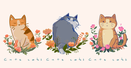 Cute cartoon cat with flowers, leaves, plants vector illustration. Isolated on white background. pet animal set collection.