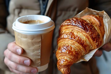 A person holds a steaming cup of coffee in one hand and a freshly baked croissant in the other, savoring the delightful breakfast on a cool morning in an inviting cafe setting