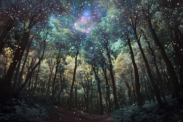 Fototapeta premium forest scene where trees dissolve into sparkling stars and galaxies as they reach upward
