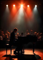 Artist playing grand piano on dimly lit stage, ideal for artistic visuals.