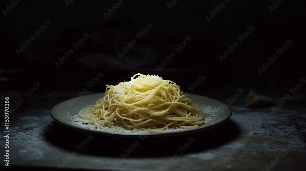 Poster freshly prepared spaghetti topped with cheese on a dark table setting in an intimate dining atmosphe