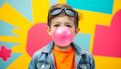 Cheerful kid blowing bubblegum with vibrant background, showcasing playful style.