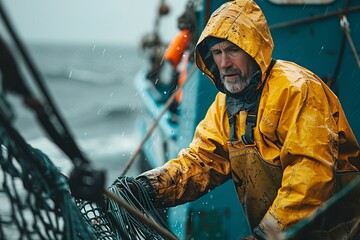 A dedicated fisherman wearing a yellow raincoat is hauling fishing nets aboard a sturdy boat while rain pours down. The challenging weather highlights his commitment to the craft