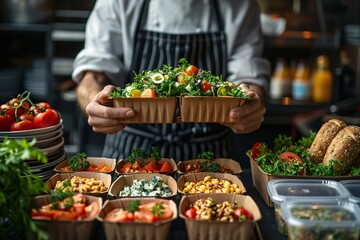 Obraz premium A chef holds two large containers filled with fresh salad ingredients in a bustling kitchen filled with various healthy dishes. The atmosphere is vibrant as lunchtime approaches