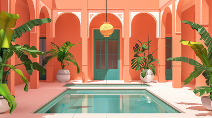 Moroccan riad (villa) in moorish style in Morocco. Inner garden with pool with water. Pots with flowers, tree, wall, design, plant.