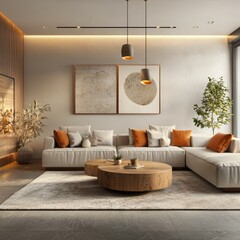 Modern Living Room Design Featuring Neutral Tones and Natural Elements in a Stylish Urban Apartment Interior