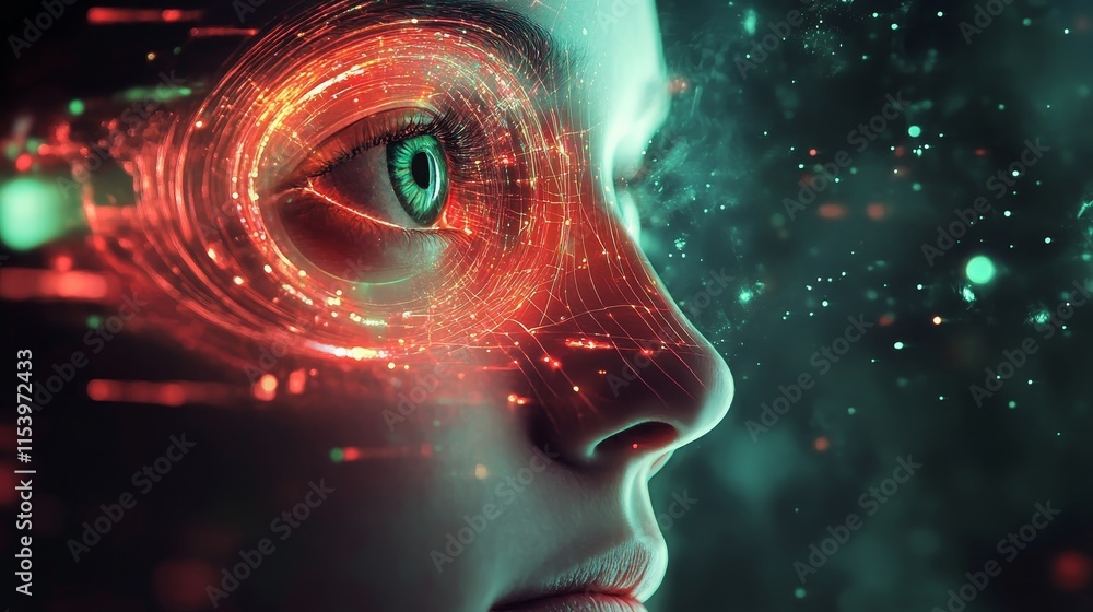 Aufkleber digital eye visualization with intricate patterns illuminated, showcasing a close-up of a human face