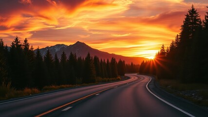 Obraz premium Scenic Winding Road at Sunset with Mountain Silhouette and Evergreen Trees