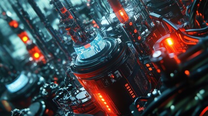 Fototapeta premium A close-up view of advanced control systems linked to reactor vessels and cracking units, digital displays and cables wrapped around machinery in a futuristic petrochemical plant.