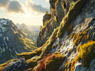 Close-up of a rocky mountain ledge covered with moss and lichen, illuminated by golden sunlight streaming through. Generative AI