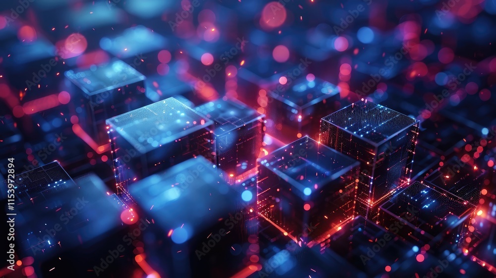Aufkleber abstract digital landscape with glowing cubes and particles, representing technology and data.