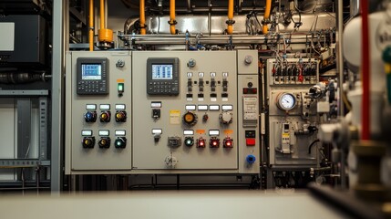 Fototapeta premium Macro view of control panels, digital readouts, and cables attached to reactor vessels and cracking units, surrounded by high-tech equipment in a petrochemical plant.