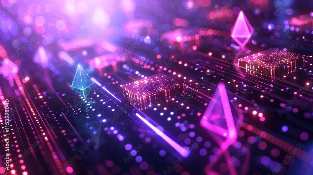 Poster a vibrant, abstract representation of digital circuits and geometric shapes in a futuristic setting.
