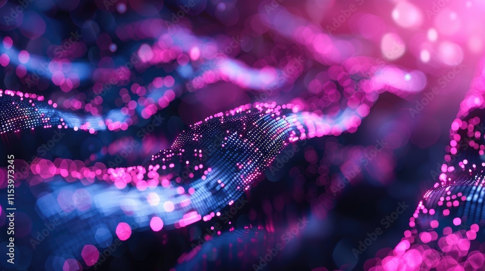 Poster abstract digital waves with vibrant colors and glowing particles.