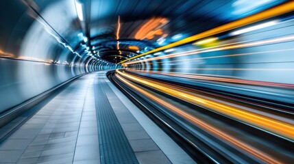 High-speed train moving through a modern subway tunnel.