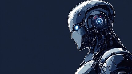 Futuristic Robot Standing in Profile Against a Dark Background, Showcasing Advanced Technology and Intricate Design