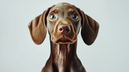 Adorable brown puppy with big, expressive eyes looking directly at the camera against a light grey background.