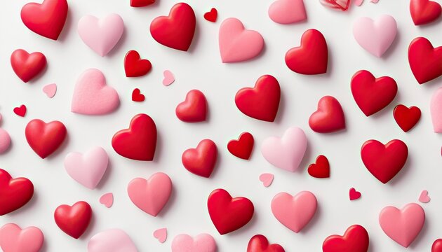 high quality, Valentine's day background with red and pink hearts on white background