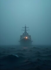A naval destroyer emerges through fog with faint lights and a churning sea below.