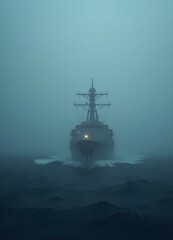 A naval destroyer emerges through fog with faint lights and a churning sea below.