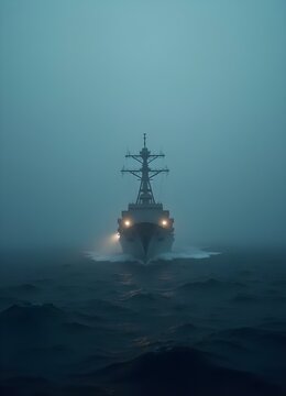 A naval destroyer emerges through fog with faint lights and a churning sea below.