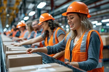 A group of workers wearing bright safety vests and helmets joyfully sort and pack items on an assembly line. The bustling warehouse environment showcases teamwork and efficiency