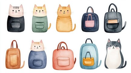 Cute cats illustrated with colorful backpacks in a playful arrangement featuring different styles and expressions